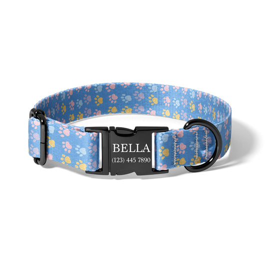 Personalized Dog Collar Blue Paw Print Custom Engraved Puppy Collar Adjustable Cute Dog Collar Pastel Pet Accessories RET-600-04