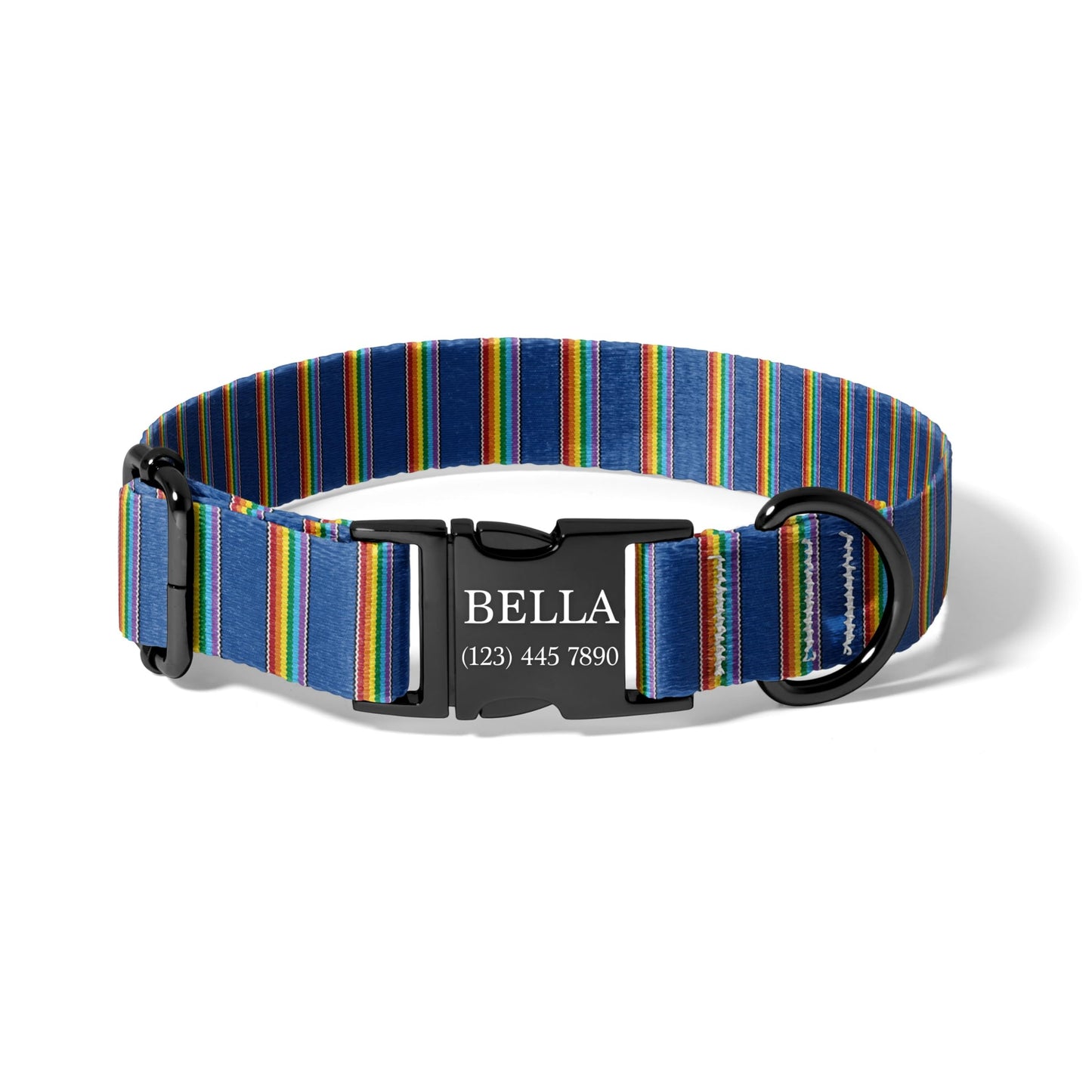Blue Rainbow Dog Collar Personalized Engraved Name Minimal Pride Adjustable Pet Collar Stripe Design RET-605-04