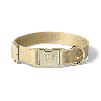 Yellow Daisy Dog Collar Personalized Engraved Name Floral Adjustable Pet Collar Boho Neutral Design Rustic Outdoor Adjustable Pet Collar RET-604-05