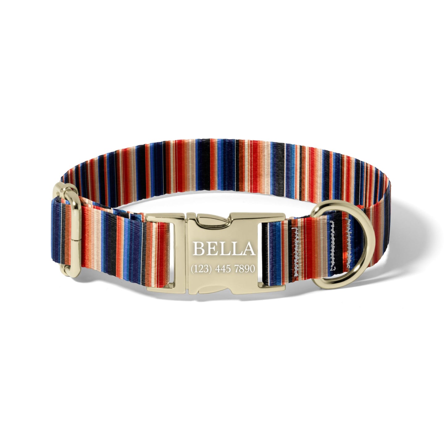 Personalized Western Dog Collar, Rust Navy Serape Stripe Adjustable Pet Collar, Custom Engraved Quick Release Buckle RET-610-03