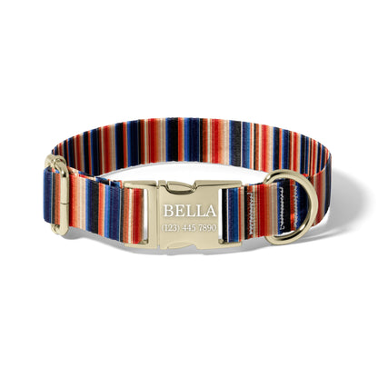 Personalized Western Dog Collar, Rust Navy Serape Stripe Adjustable Pet Collar, Custom Engraved Quick Release Buckle RET-610-03