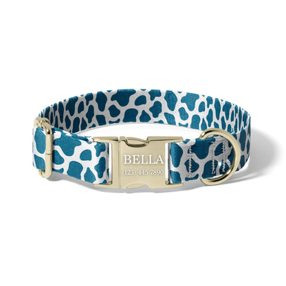 Blue Cow Print Custom Dog Collar with Name Engraving, Adjustable Quick Release Collar for Travel and Everyday Walks RET-615-05