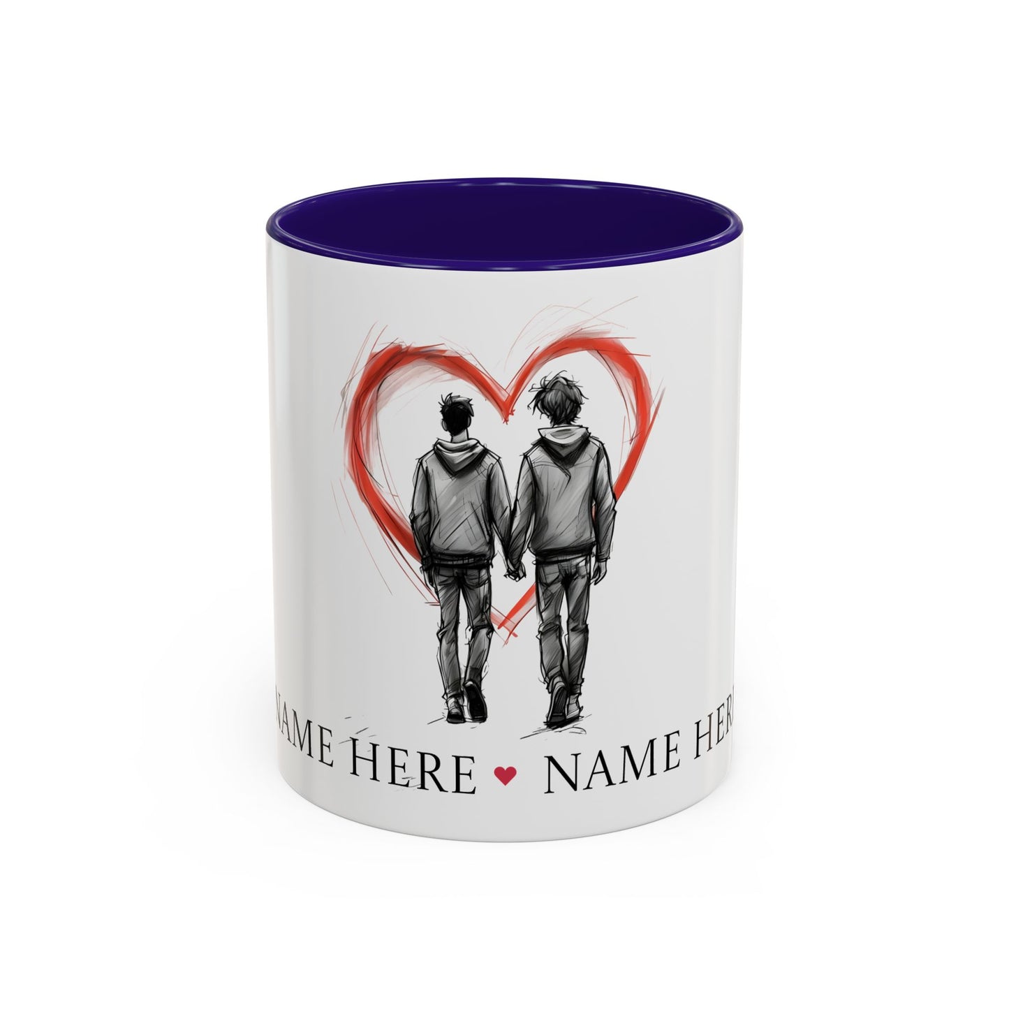Personalized gay couple coffee mug with names, heart design, perfect for anniversaries and weddings.