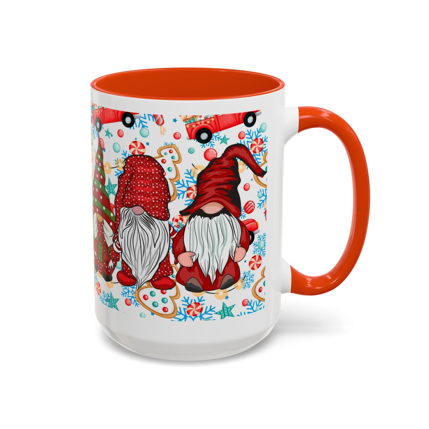 Festive Christmas gnome coffee mug with gingerbread design and snowflakes, perfect for holiday enjoyment.