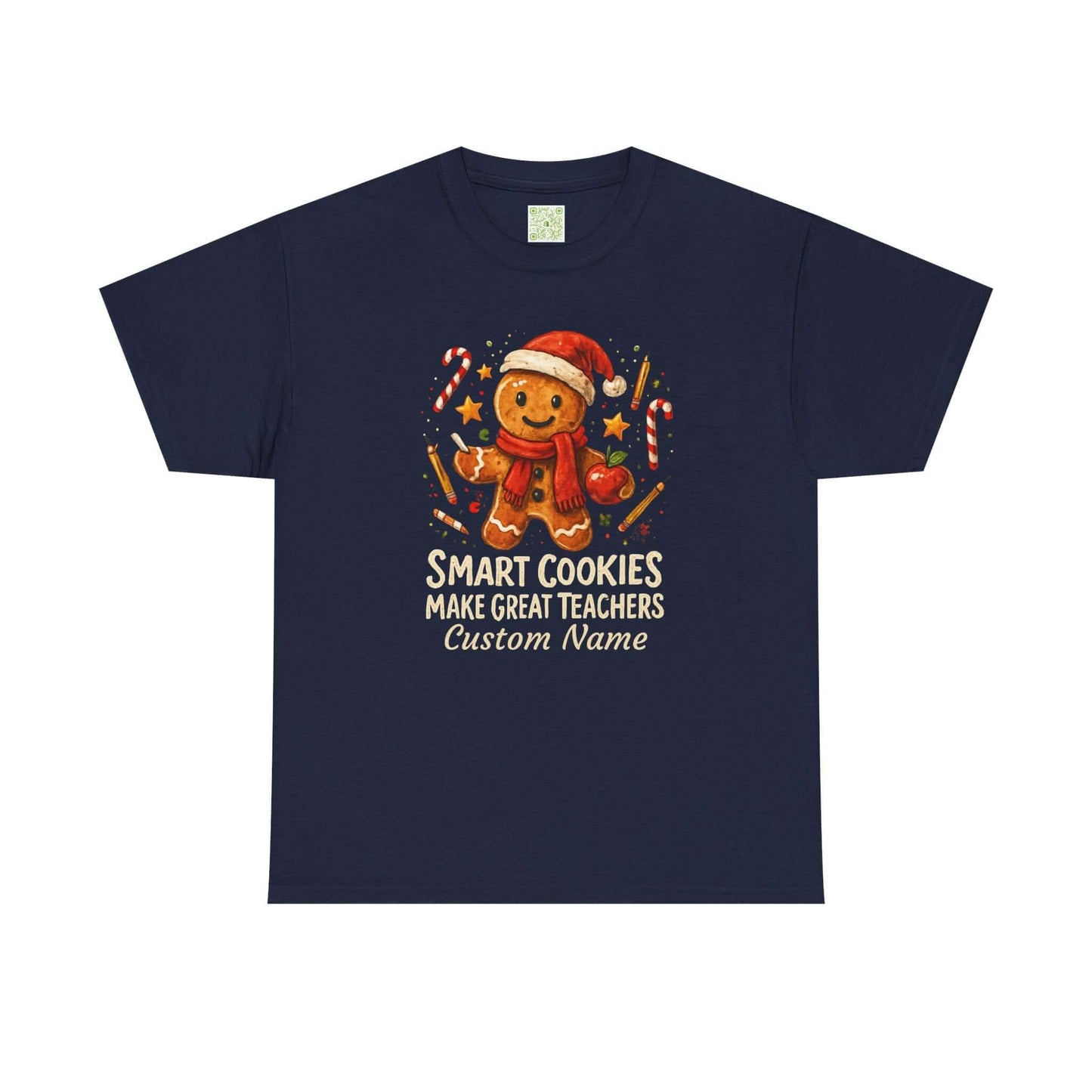 Gingerbread teacher holiday shirt with the phrase 'Smart Cookies Make Great Teachers' and festive decorations.