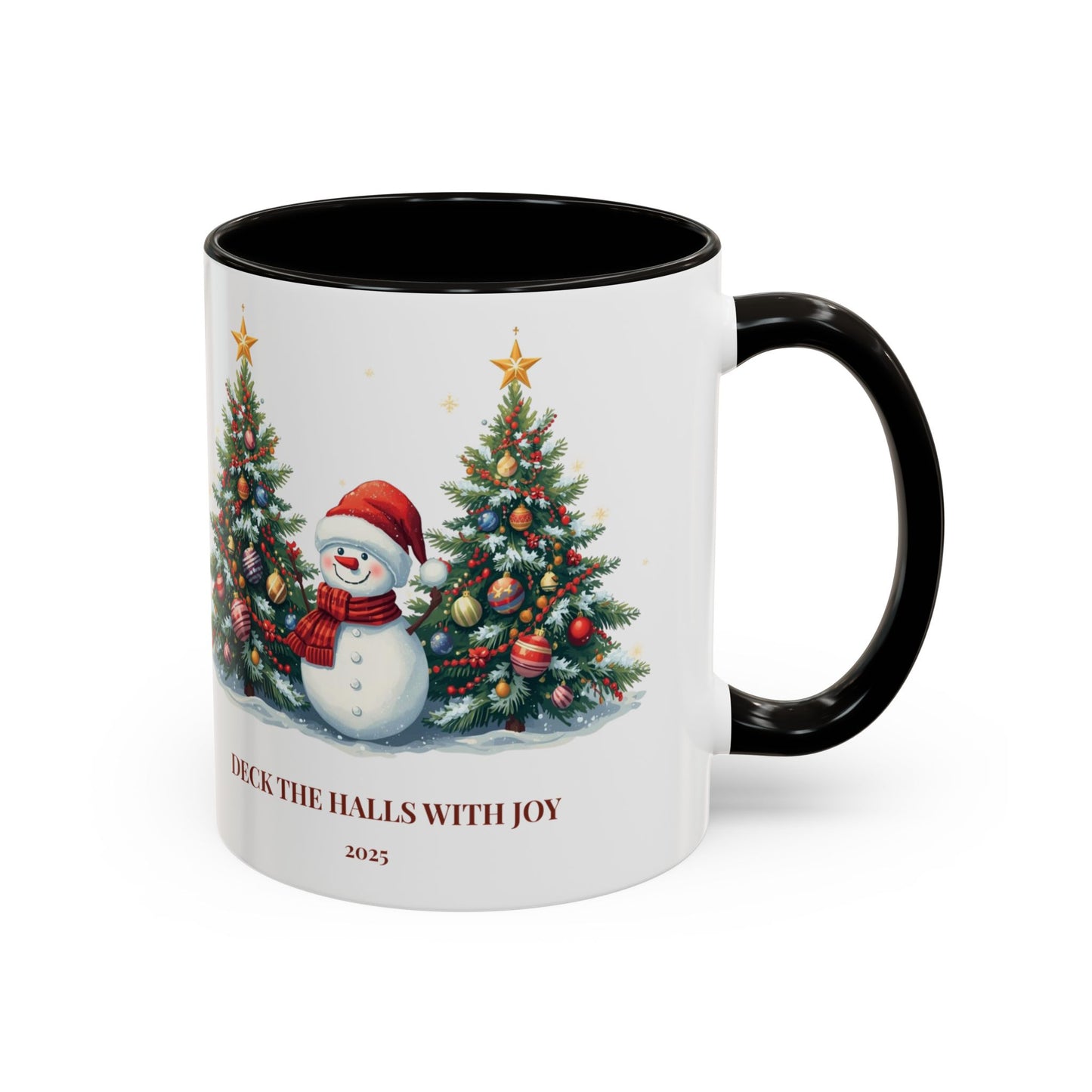 Christmas snowman mug with festive tree design, perfect for holiday drinks and cozy moments.