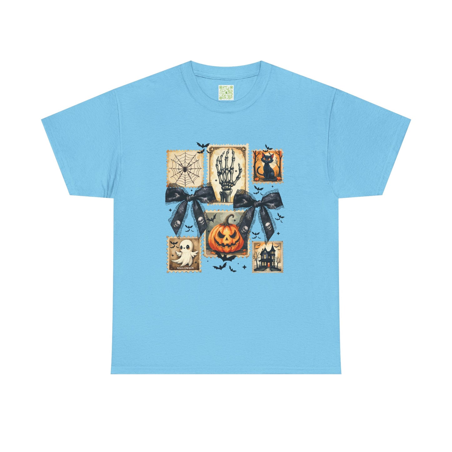 Halloween themed blue shirt with pumpkin, skeleton, and spooky decorations for fall celebrations.