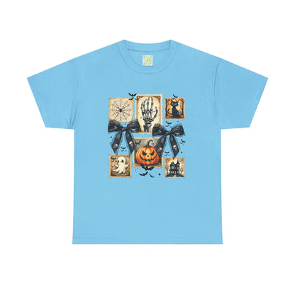 Halloween themed blue shirt with pumpkin, skeleton, and spooky decorations for fall celebrations.