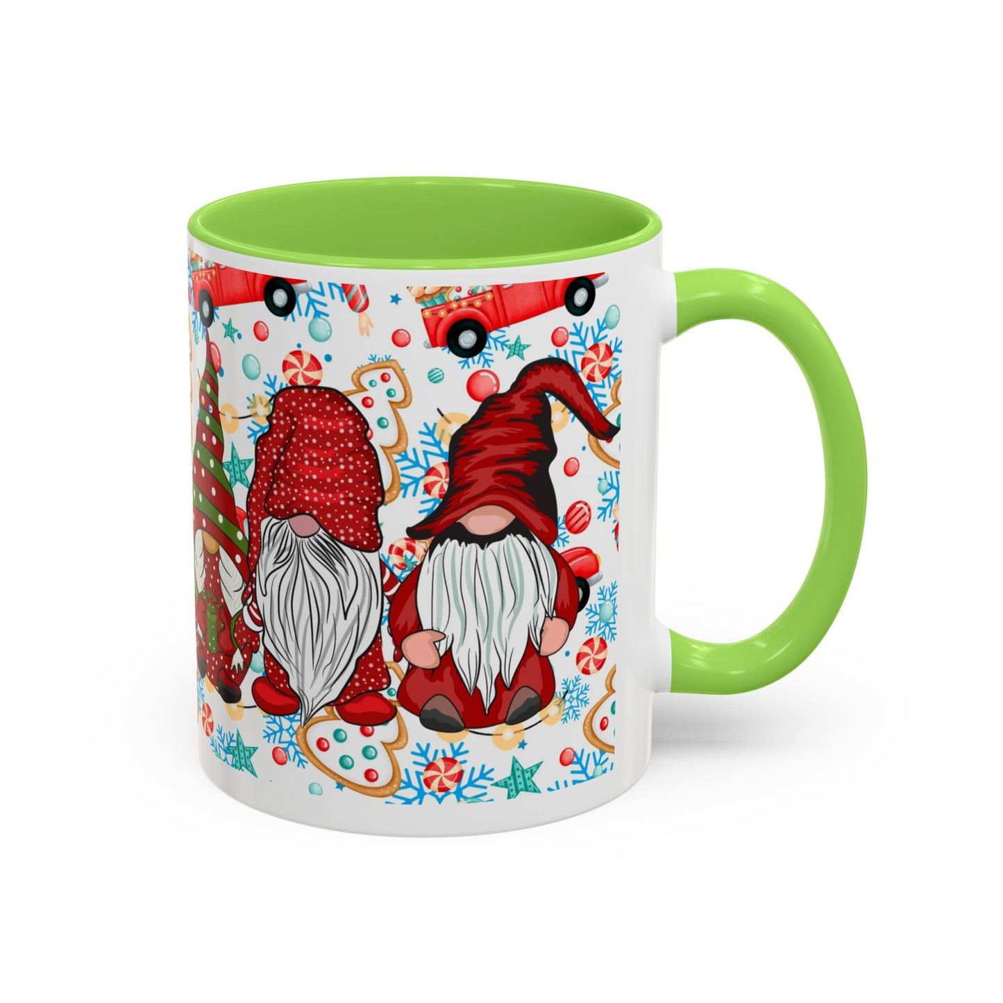 Festive Christmas gnome coffee mug with gingerbread design and snowflakes, perfect for holiday enjoyment.