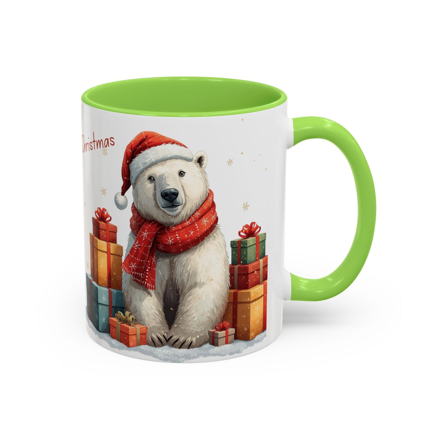 Cute Polar Bear Christmas mug with a red scarf and Santa hat, surrounded by colorful gift boxes.