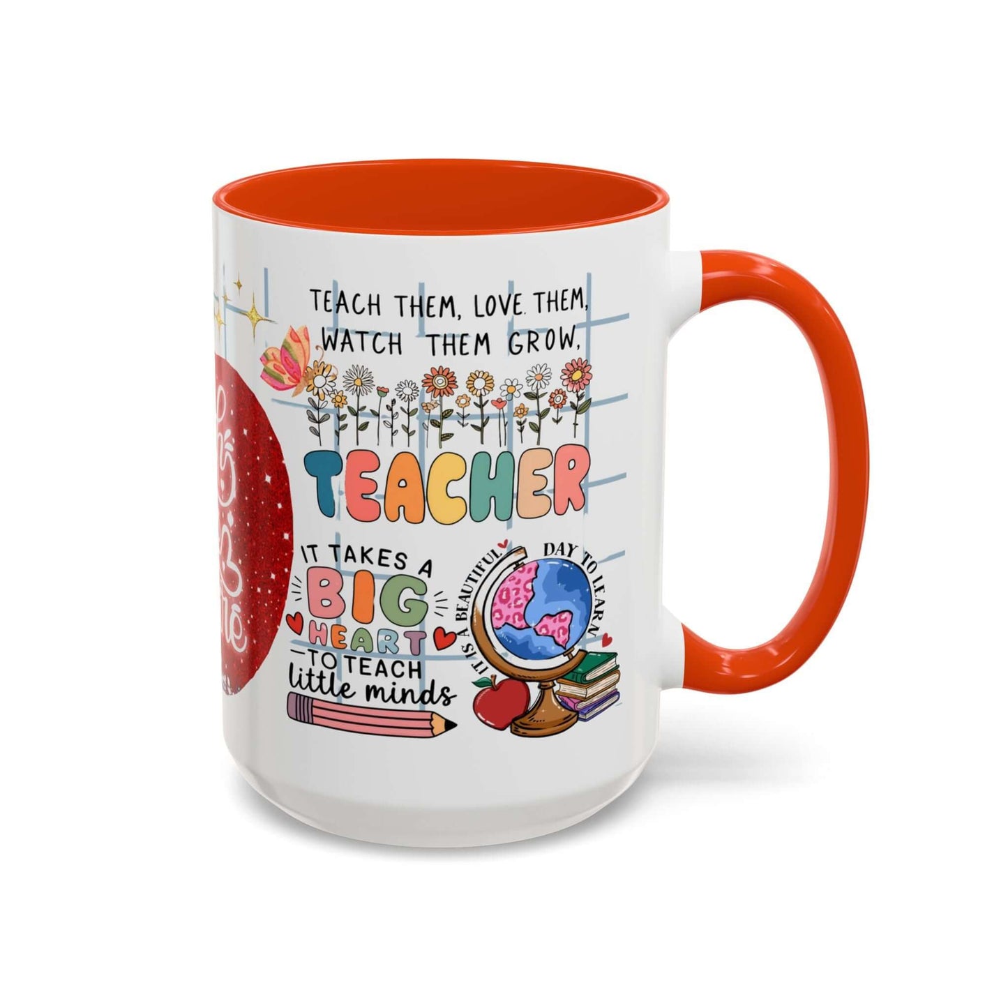 Colorful Teacher Appreciation Coffee Mug featuring inspiring quotes and illustrations, perfect gift for educators.