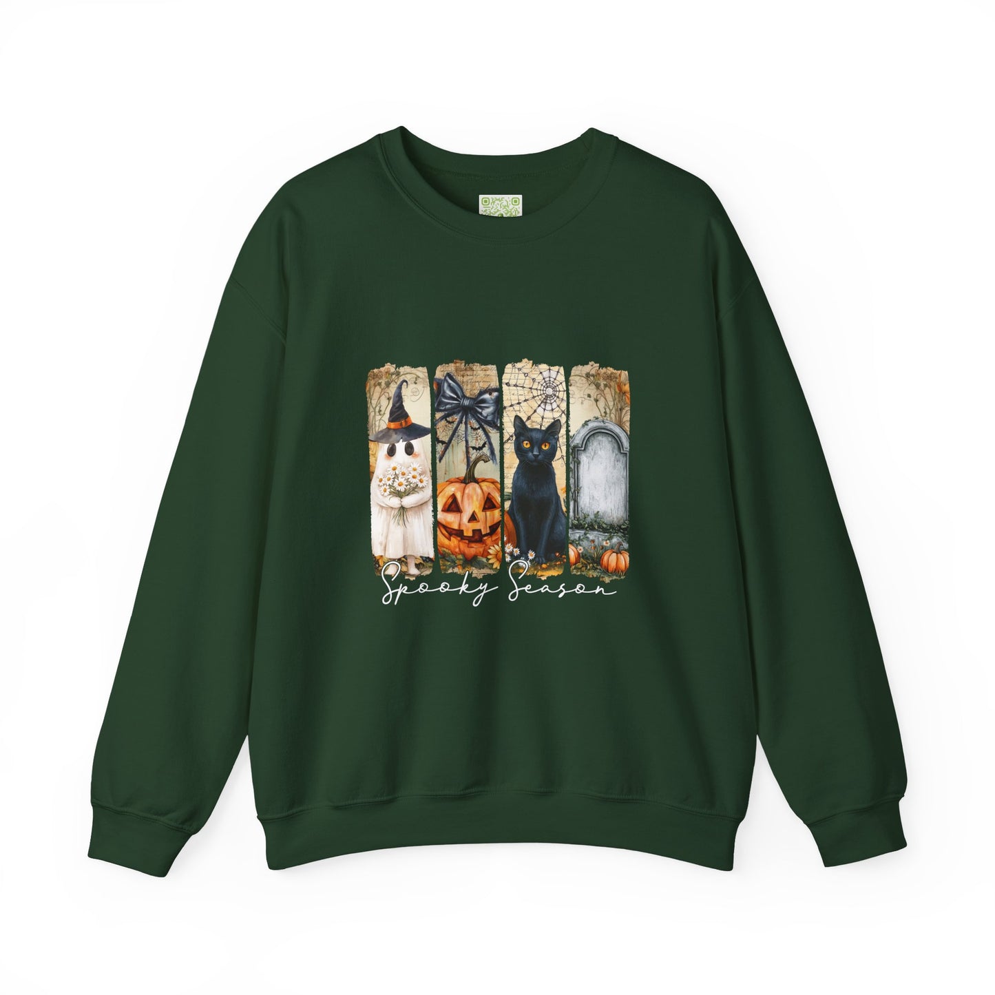 Spooky Season Sweatshirt featuring a black cat, pumpkin, and Halloween decorations on a dark green background.