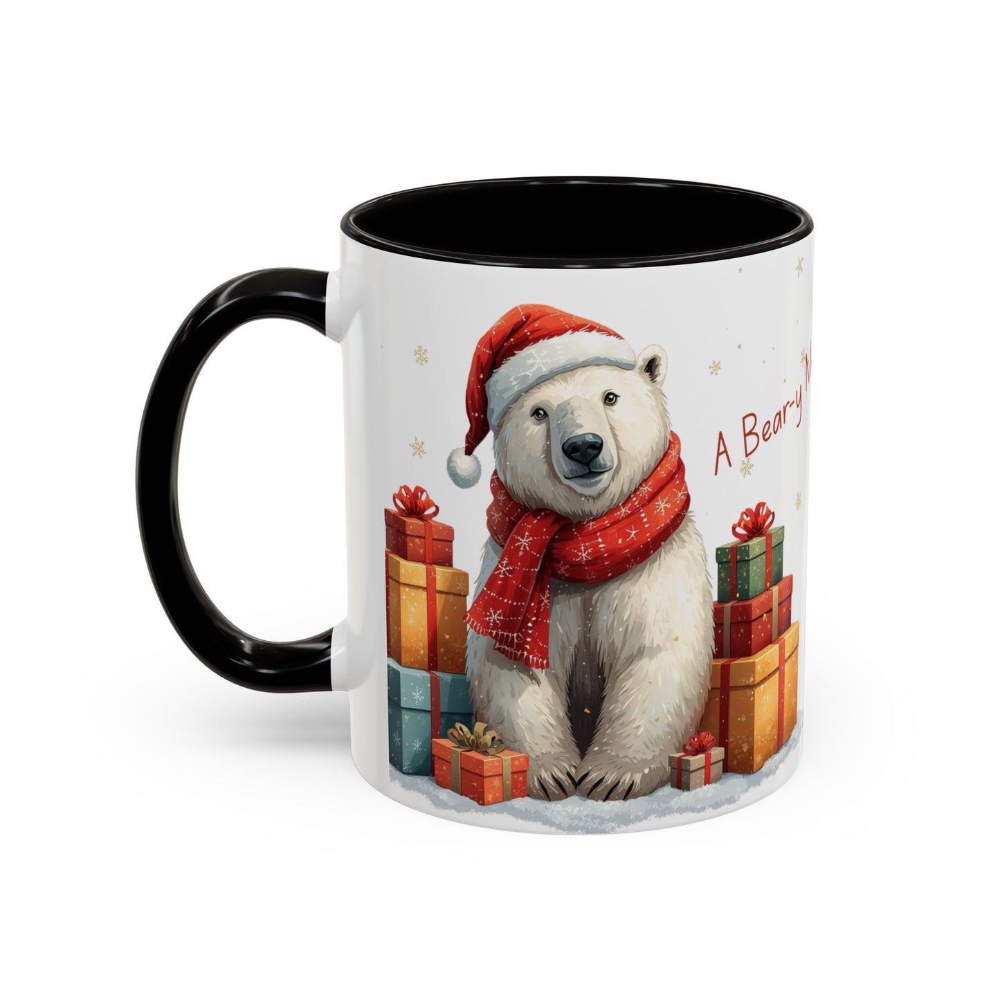 Cute Polar Bear Christmas mug with a red scarf and Santa hat, surrounded by colorful gift boxes.