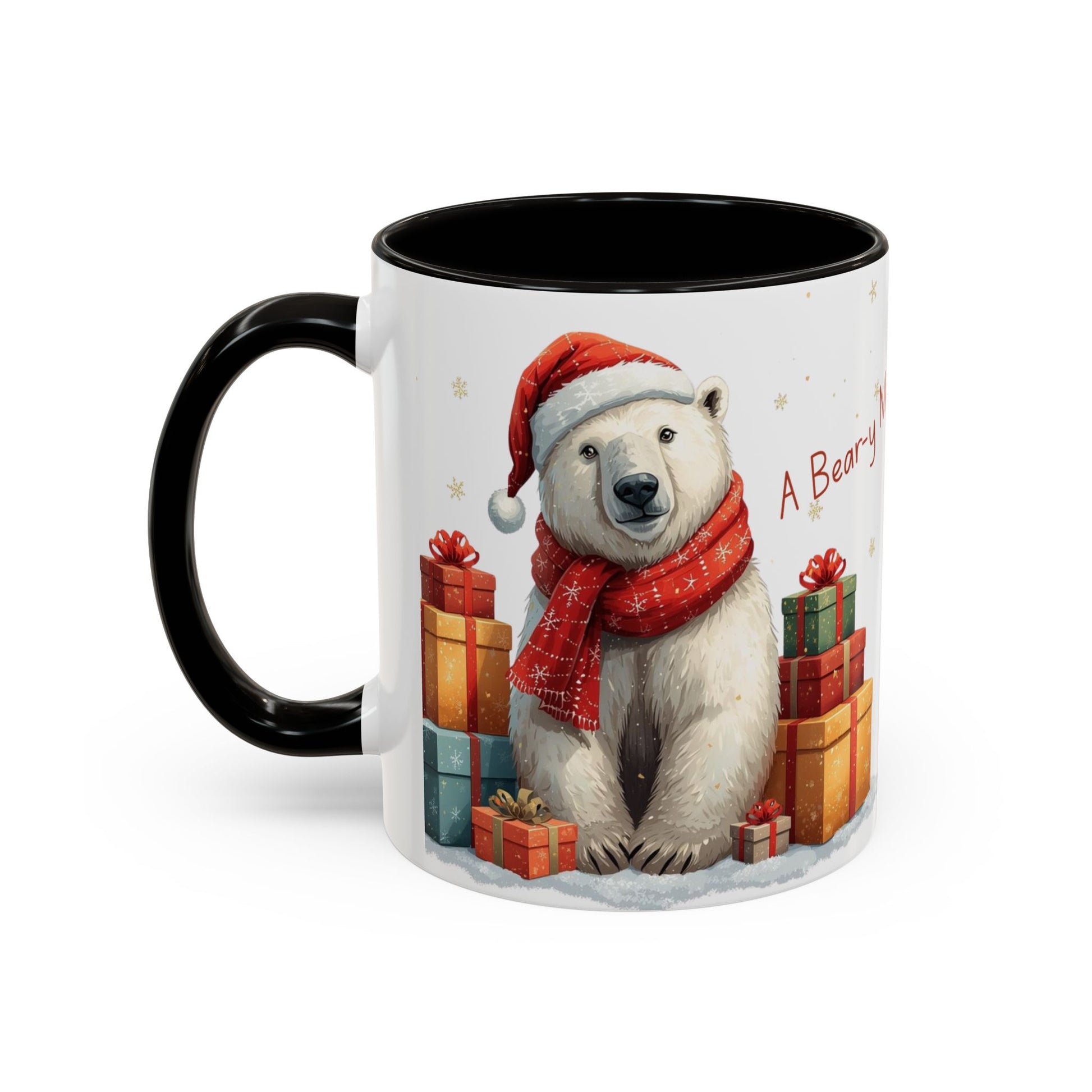 Cute Polar Bear Christmas mug with a red scarf and Santa hat, surrounded by colorful gift boxes.