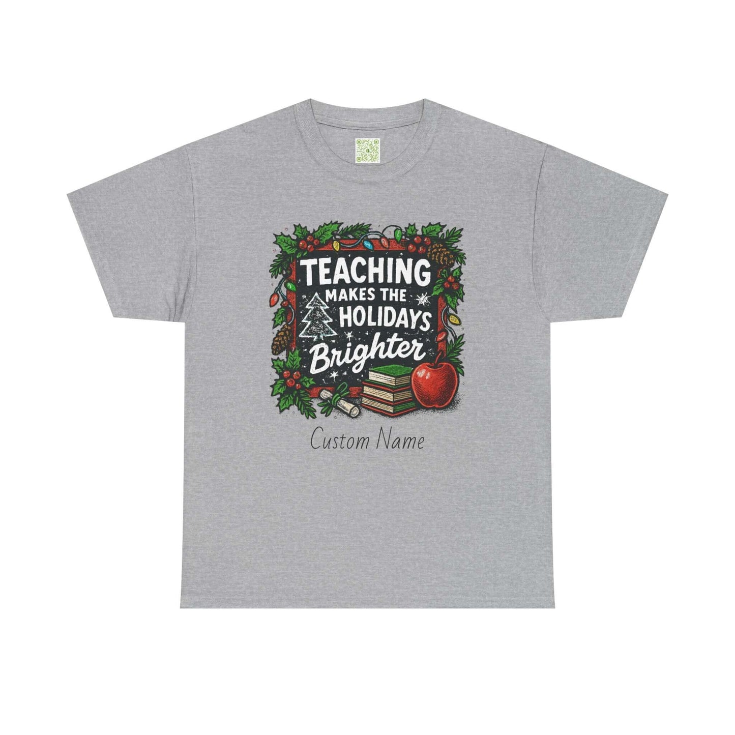 Personalized teacher holiday t-shirt in red with festive design and custom name. Perfect gift for teachers.