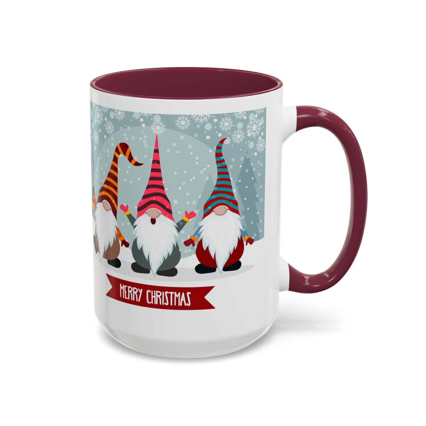 Merry Christmas gnome mug featuring colorful gnomes in festive hats, perfect for holiday coffee.