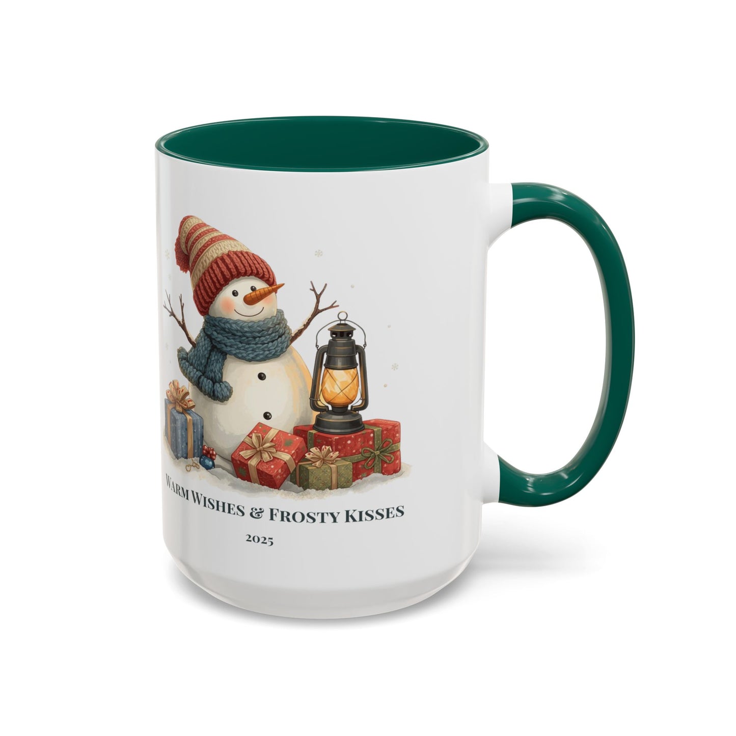 Snowman coffee mug with warm wishes and frosty kisses message, featuring a cheerful snowman and lantern design.