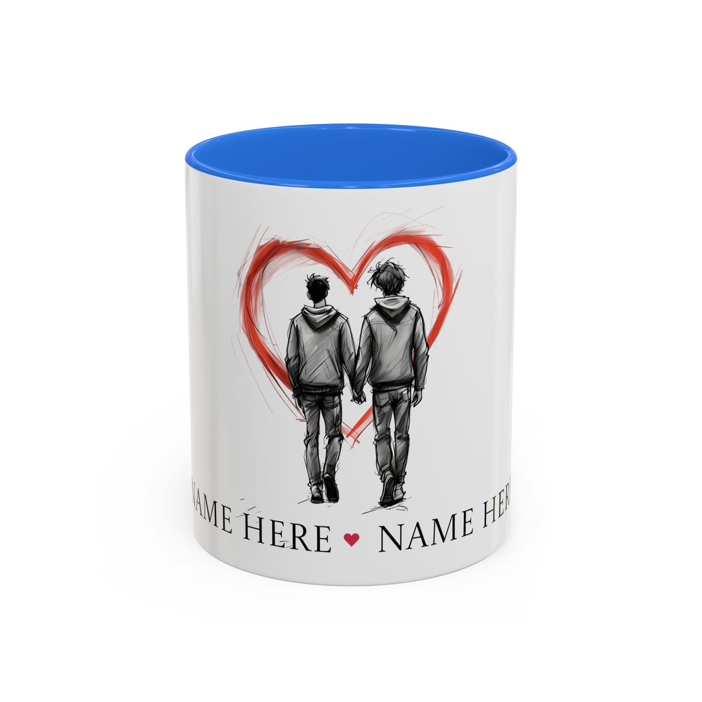 Personalized gay couple coffee mug with names, heart design, perfect for anniversaries and weddings.