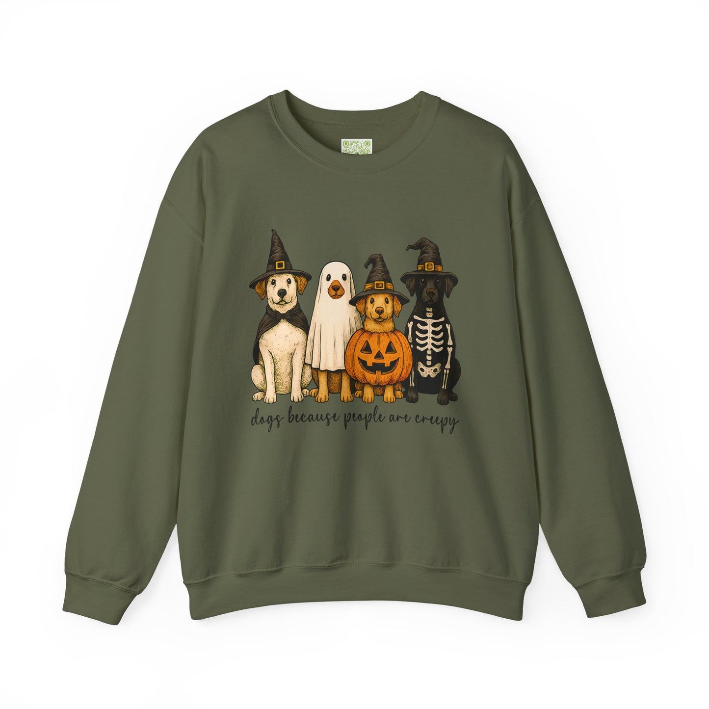 sweatshirt featuring cute dogs in Halloween costumes with text 'dogs because people are creepy'.