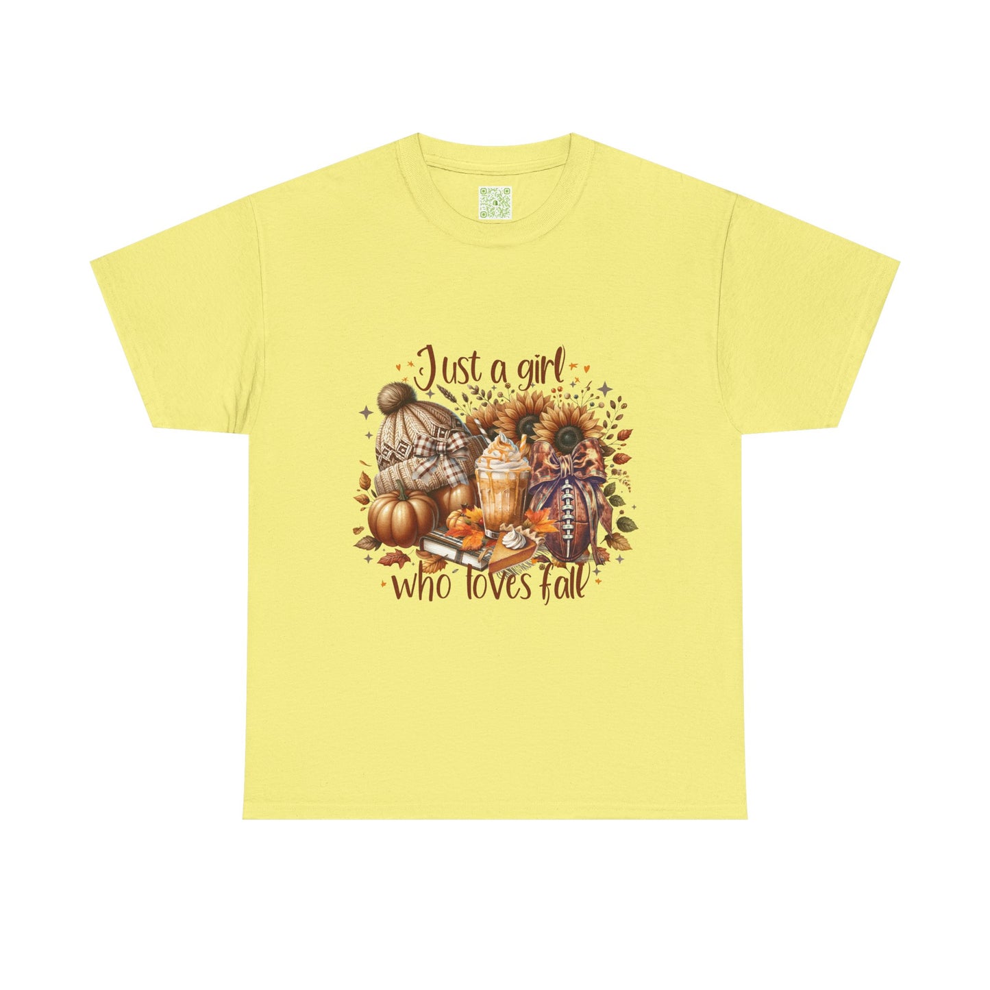  Fall-themed unisex tee featuring 'Just a Girl Who Loves Fall' design, perfect for autumn wear.