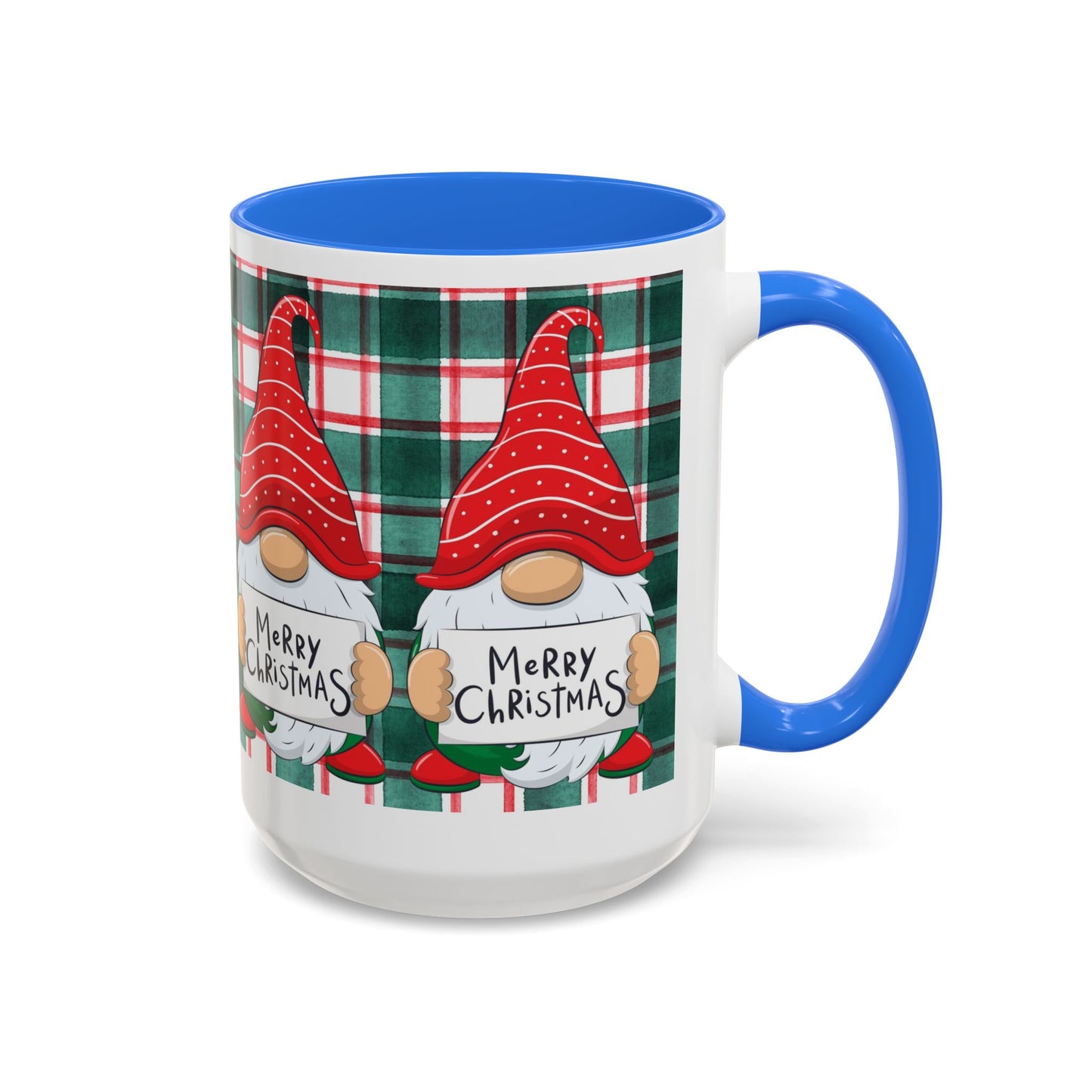 Festive Christmas gnome mug with holiday design, featuring gnomes and a plaid background.