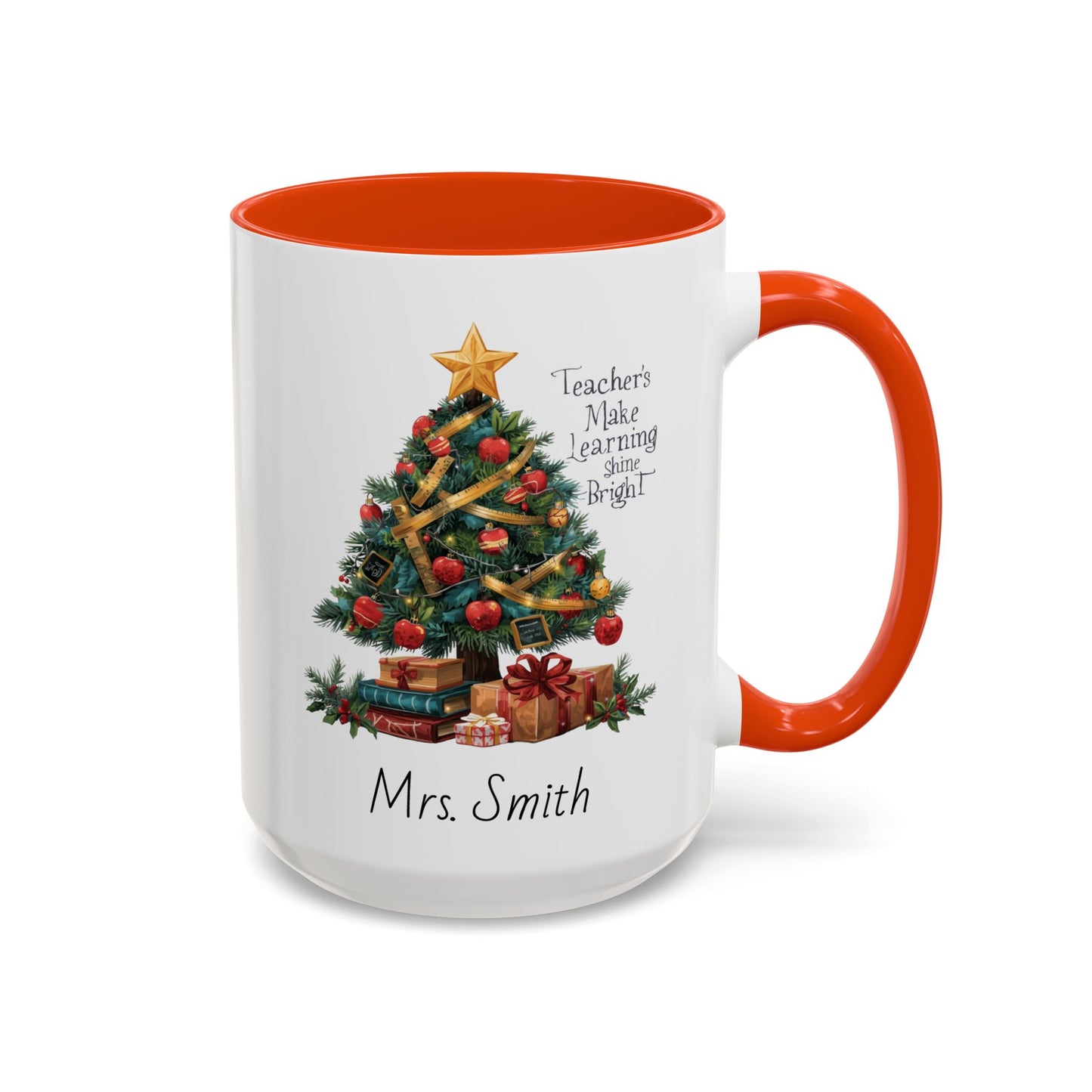 Personalized Christmas teacher mug with festive tree design, custom name, red handle, perfect holiday gift.