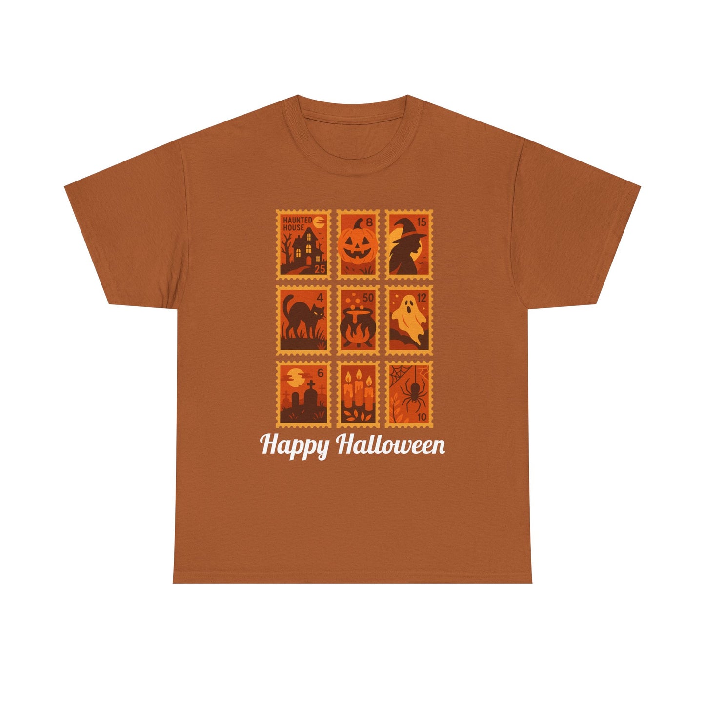  Halloween postage stamp t-shirt featuring spooky designs and 'Happy Halloween' text, perfect for fall fashion.