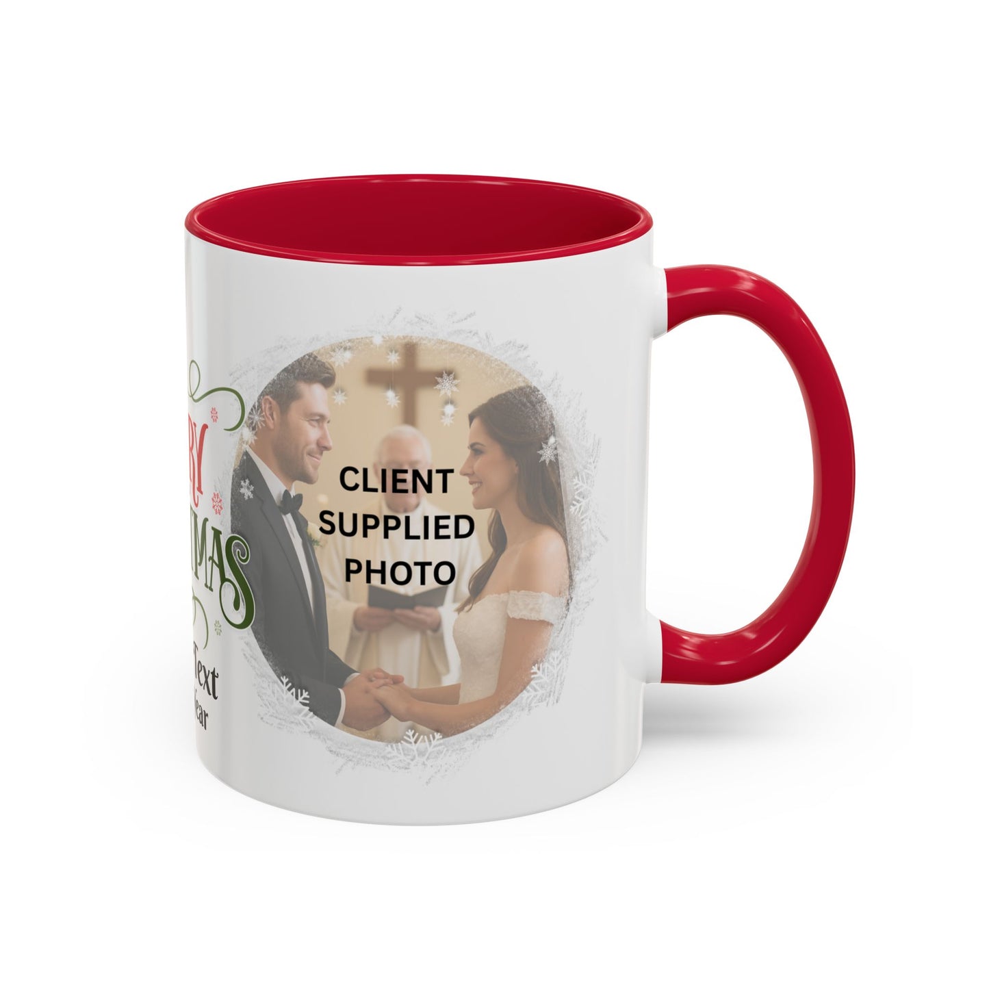 Personalized First Year Married Photo Mug with red handle, featuring newlyweds at their wedding ceremony.