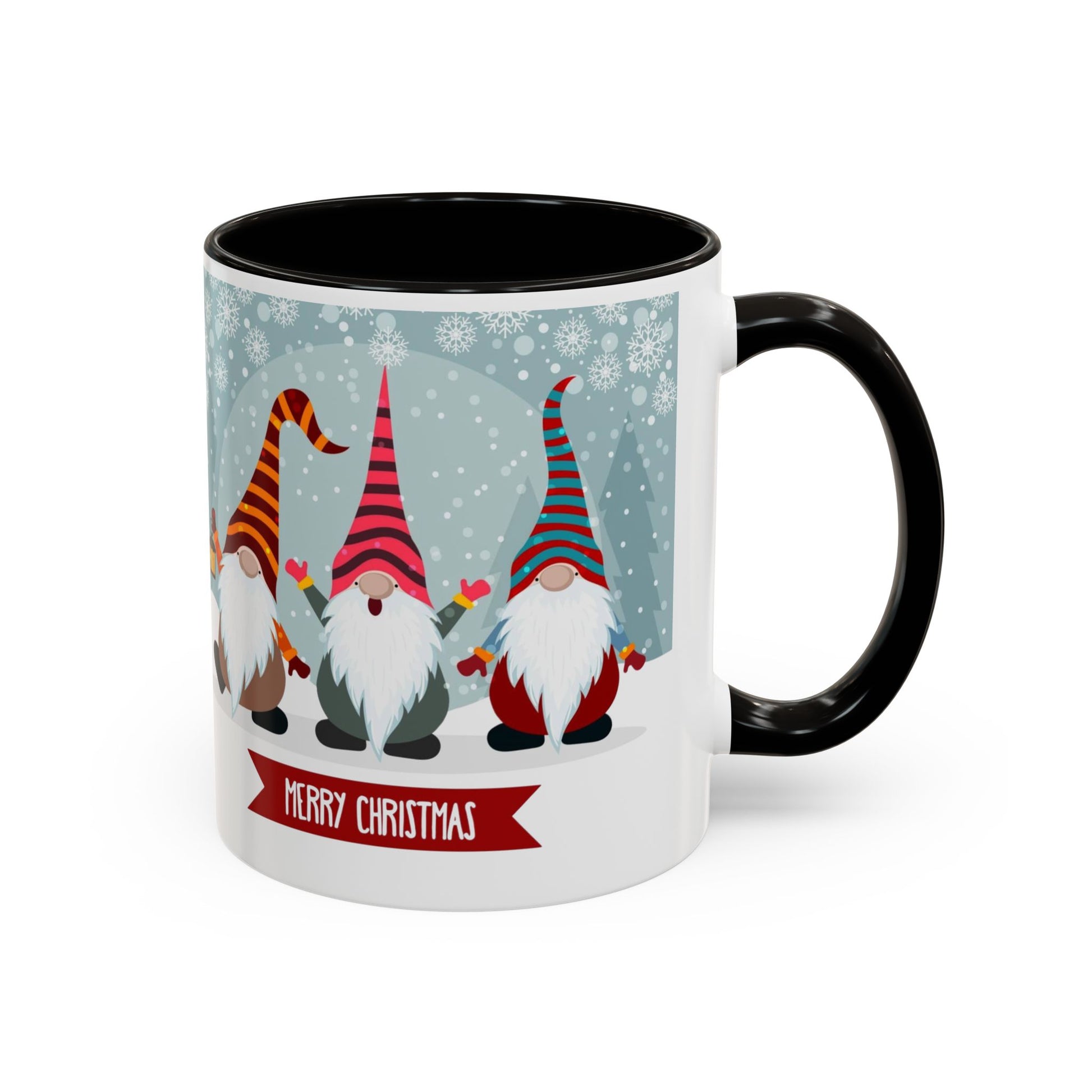 Merry Christmas gnome mug featuring colorful gnomes in festive hats, perfect for holiday coffee.