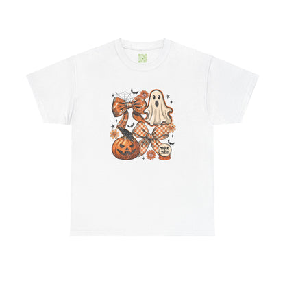 Vintage Coquette Halloween Tee featuring a pumpkin, ghost, and bow in a festive design for fall celebrations.