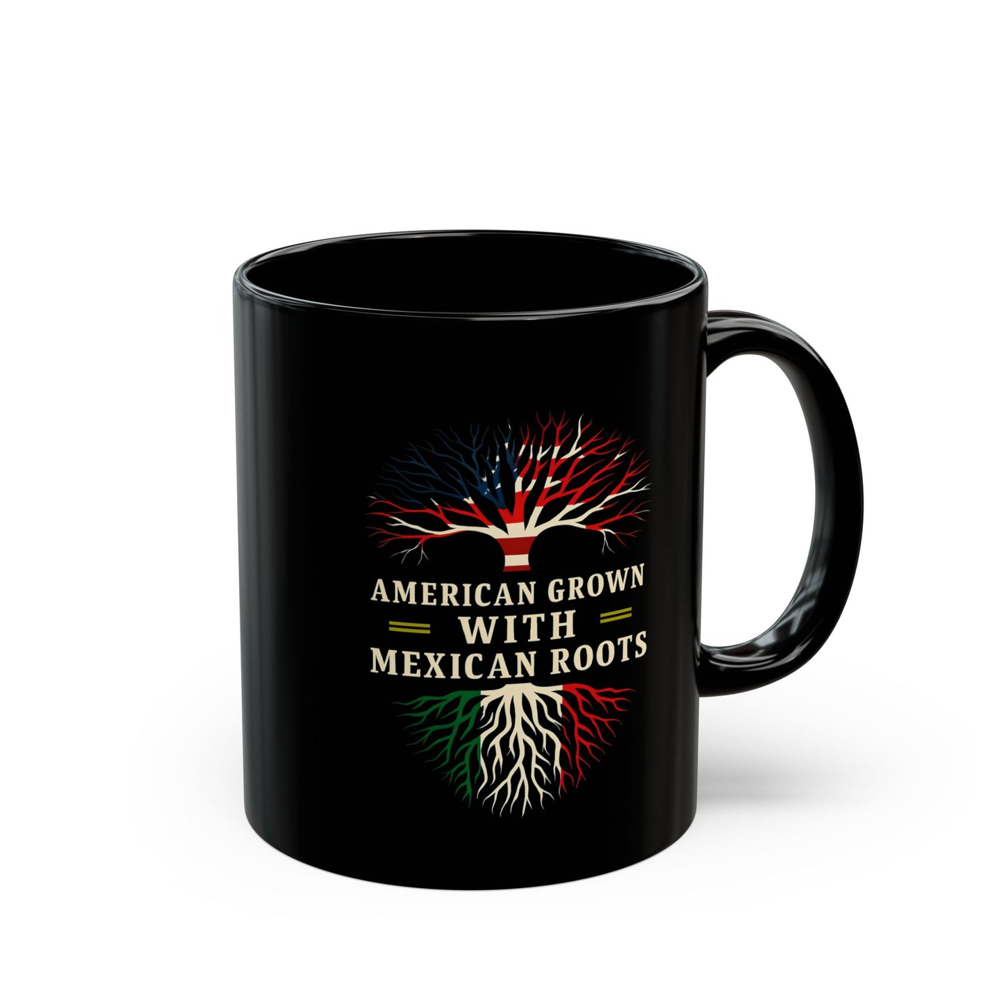 American Grown Mexican Roots Black Mug, Celebrate Heritage Mug, Mexico Culture Gift, Viva Mexico, Latin Art Mug