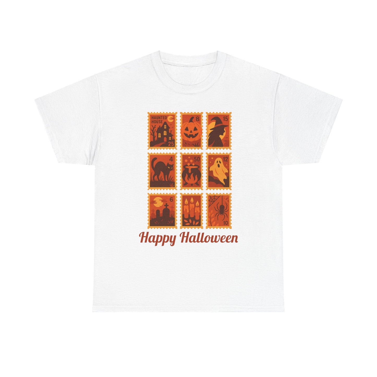 Halloween postage stamp t-shirt featuring spooky designs and 'Happy Halloween' text, perfect for fall fashion.