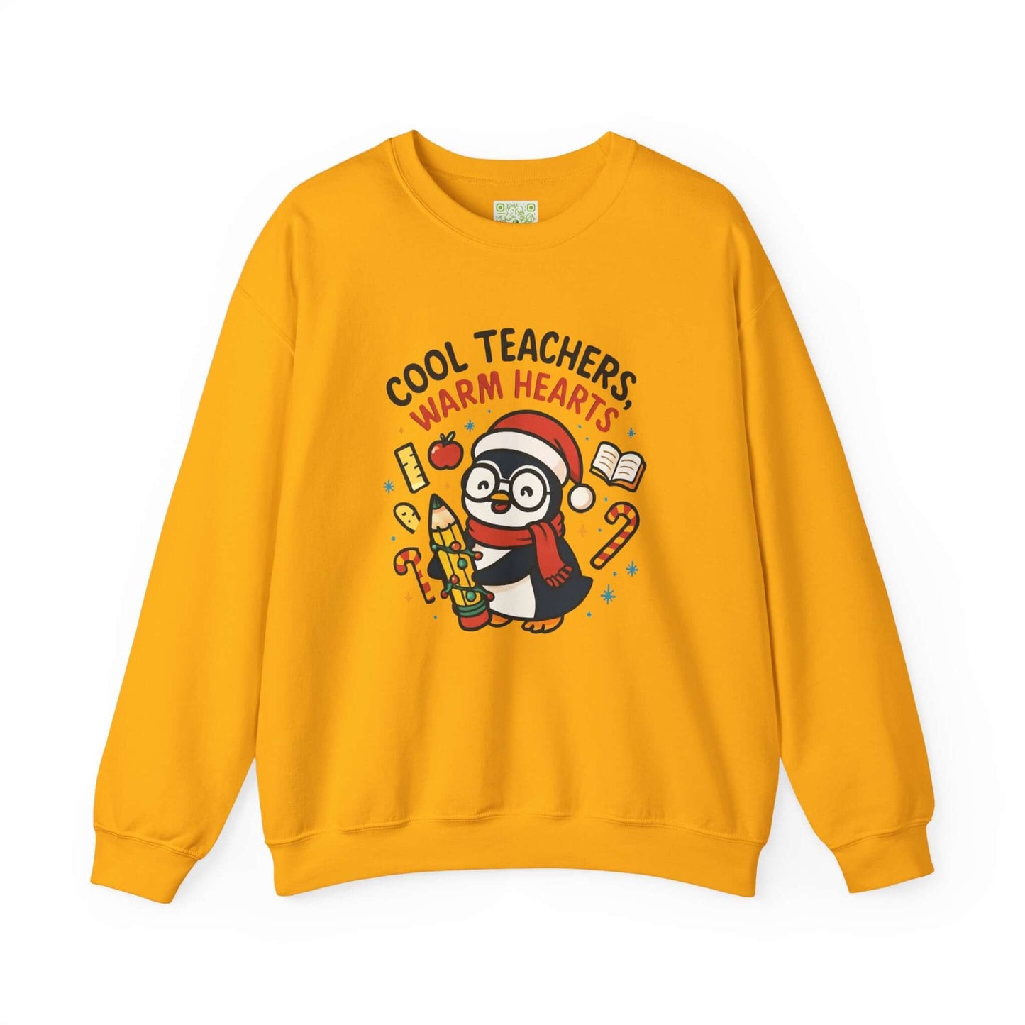 White sweatshirt featuring a cute penguin graphic with the text 'Cool Teachers Warm Hearts', perfect for teacher holiday gifts.