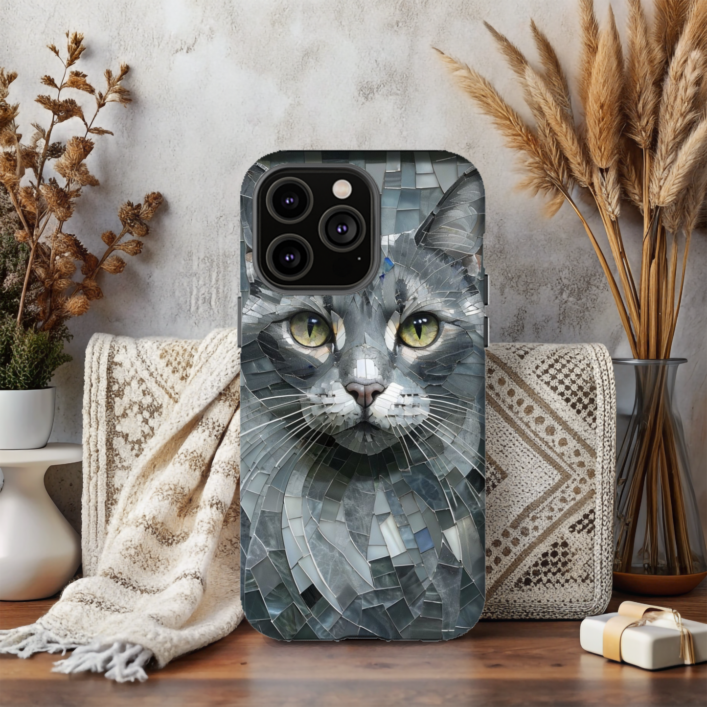 Stylish Cat Mosaic Magnetic iPhone Case, Black Cat Phone Case, Cute Cat Phone Case, Shockproof Case, Cat iPhone Case
