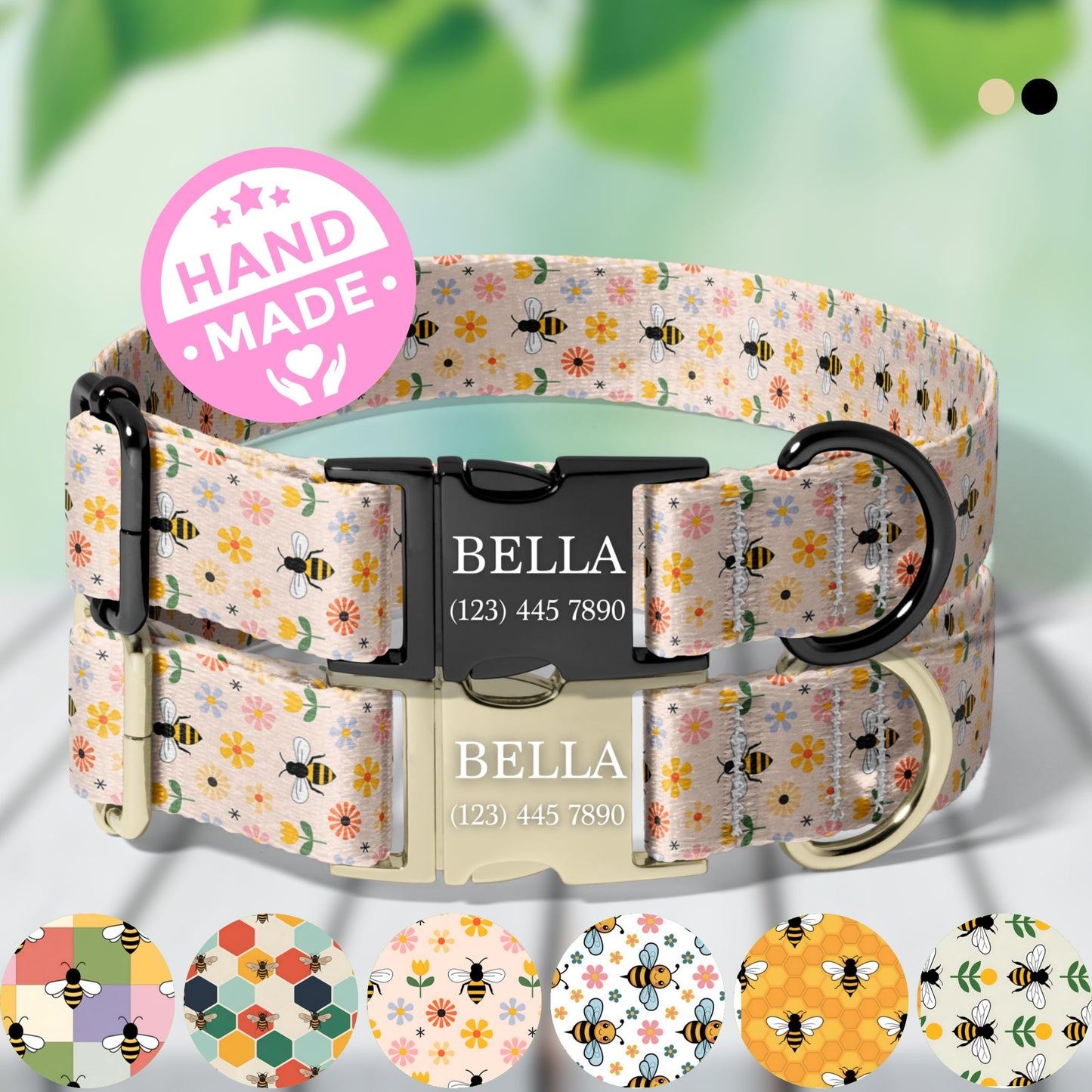 Personalized Bee Dog Collar Custom Engraved Rustic Bee Adjustable Quick Release Collar RET-611-03