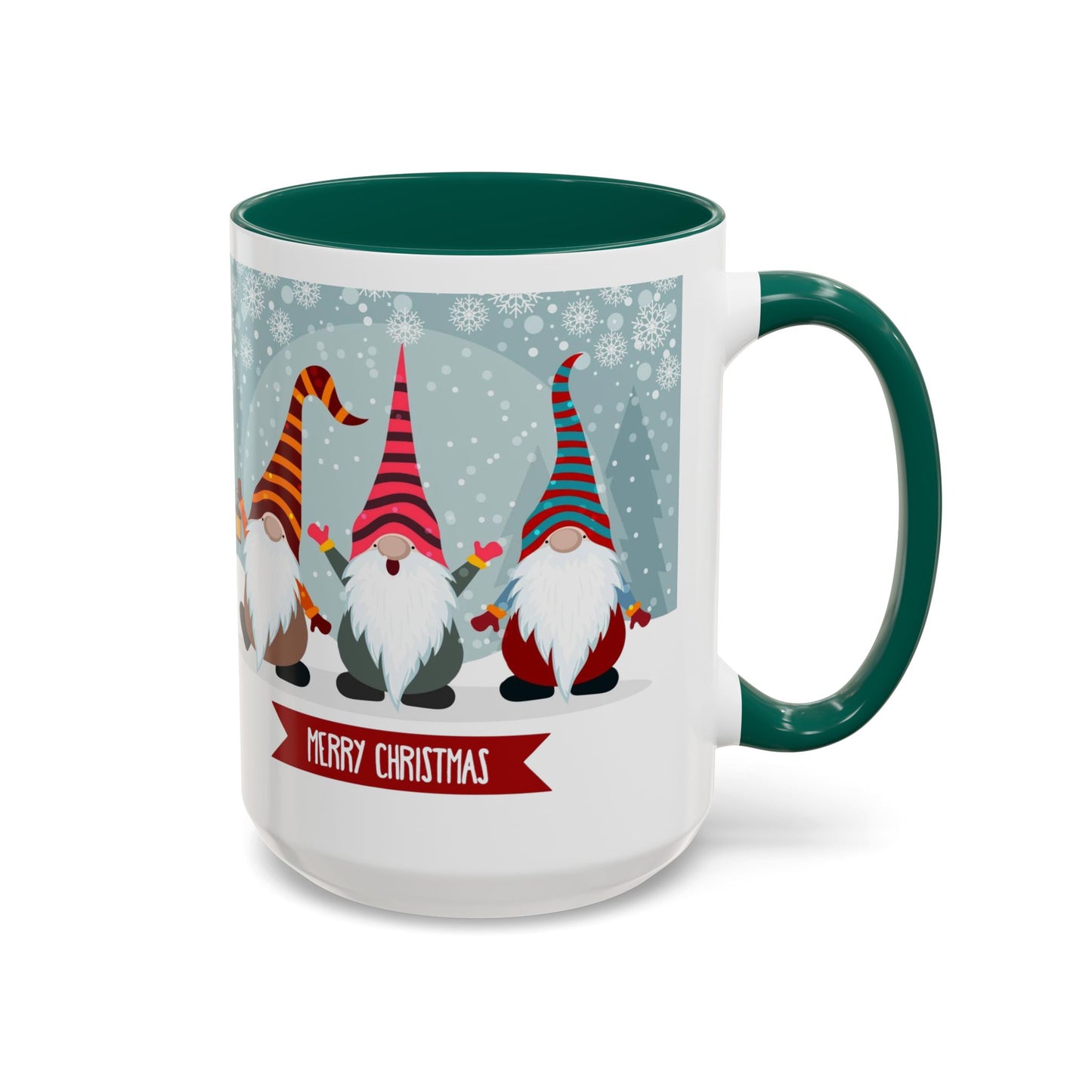 Merry Christmas gnome mug featuring colorful gnomes in festive hats, perfect for holiday coffee.
