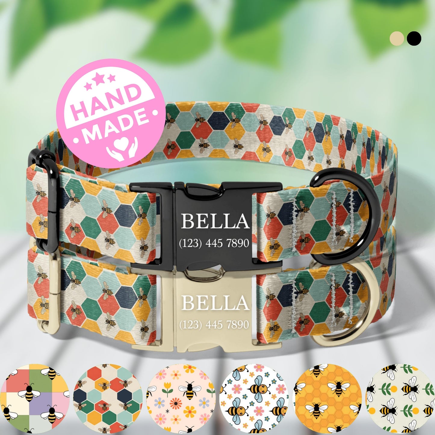 Personalized Bee Dog Collar Custom Engraved Stripe Bee Adjustable Quick Release Collar RET-611-02