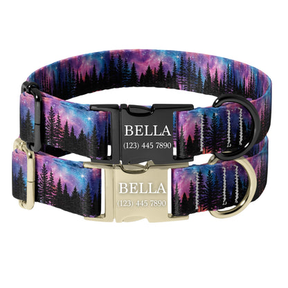 Galaxy Forest Dog Collar Personalized Engraved Name Purple Night Sky Adjustable Pet Collar RET-602-03
