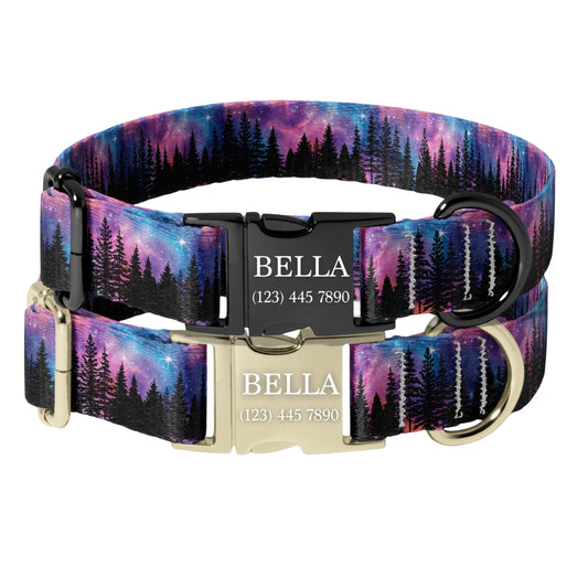 Galaxy Forest Dog Collar Personalized Engraved Name Purple Night Sky Adjustable Pet Collar RET-602-03