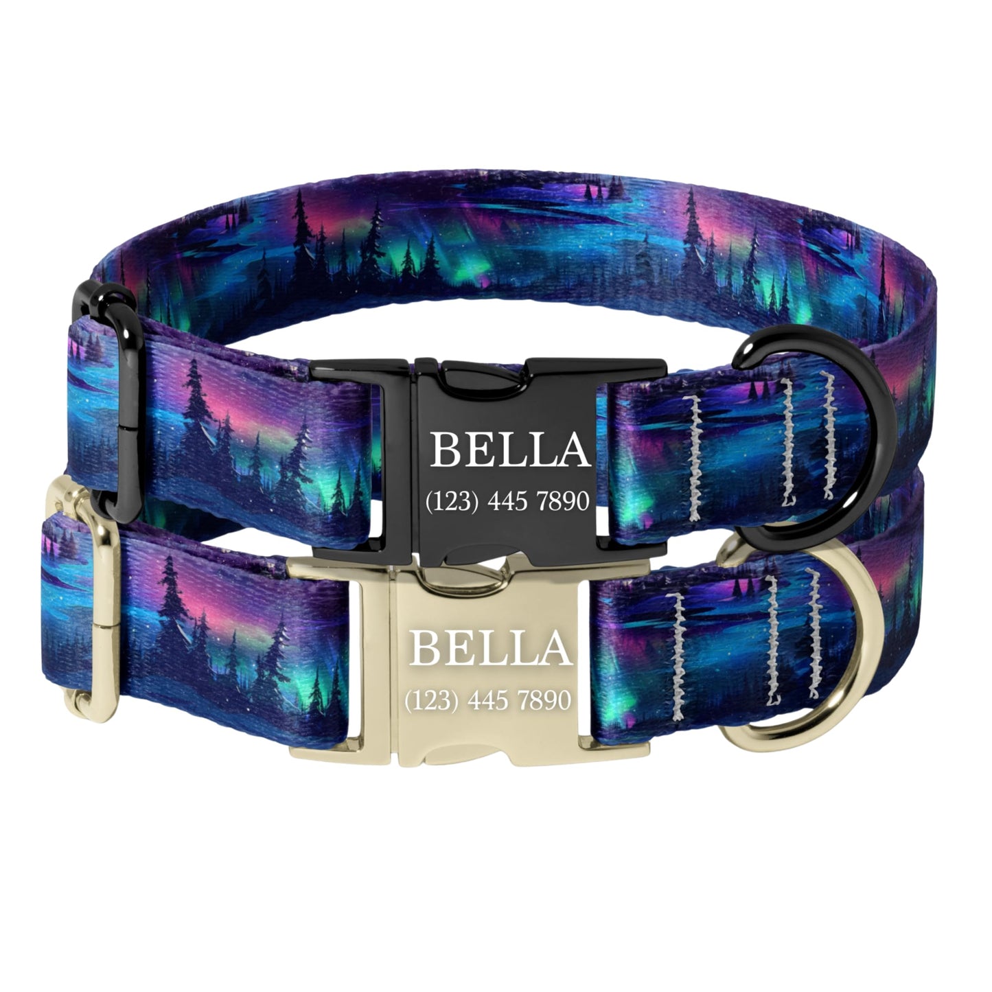 Northern Lights Dog Collar Personalized Engraved Name Buckle Galaxy Forest Adjustable Pet Collar RET-602-02