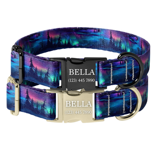 Northern Lights Dog Collar Personalized Engraved Name Buckle Galaxy Forest Adjustable Pet Collar RET-602-02