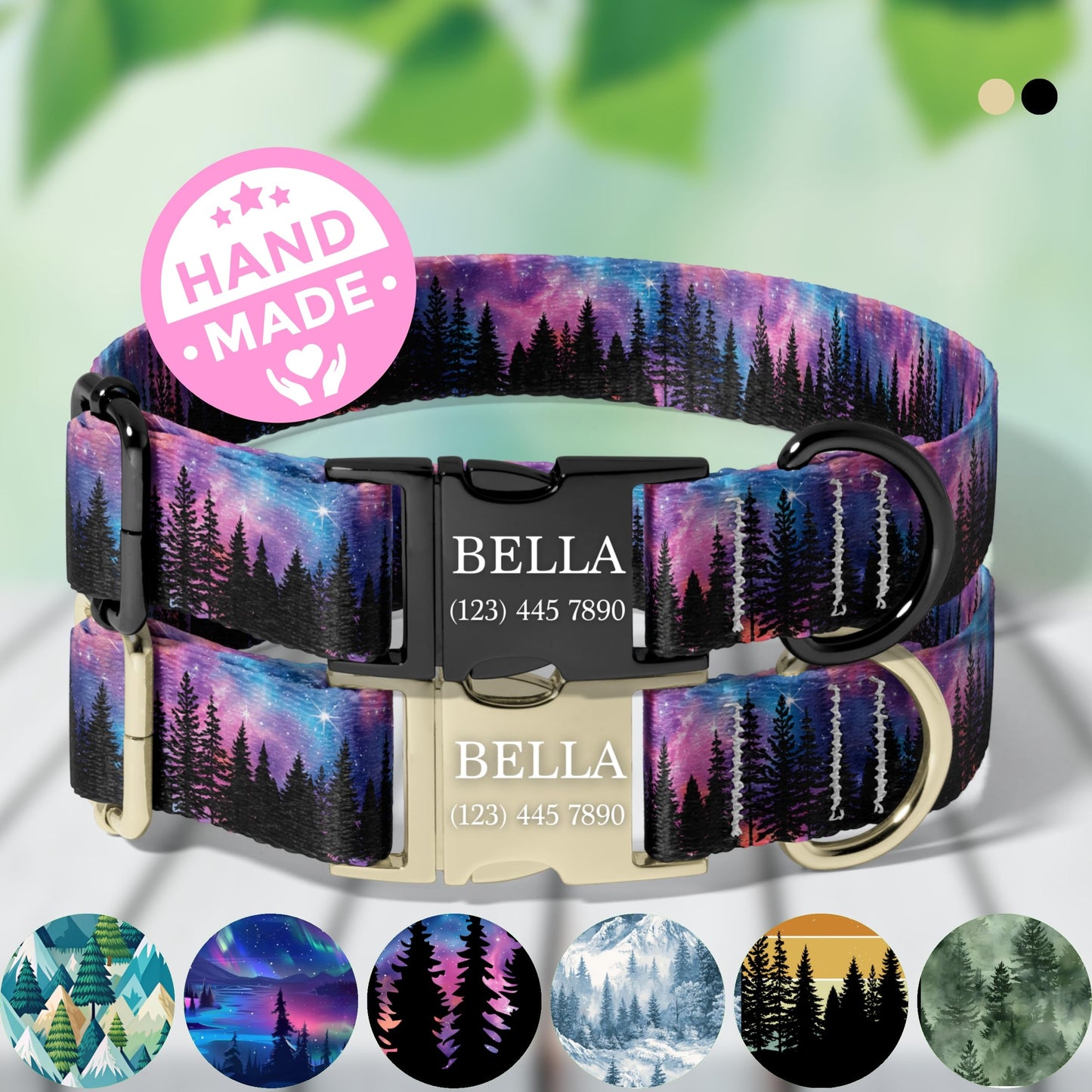 Galaxy Forest Dog Collar Personalized Engraved Name Purple Night Sky Adjustable Pet Collar RET-602-03