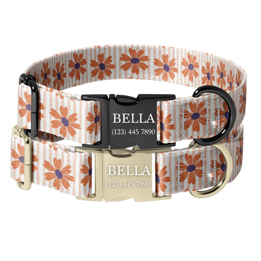Personalized Floral Dog Collar folk floral Custom Name Adjustable Quick Release Durable Pet Collar RET-608-05
