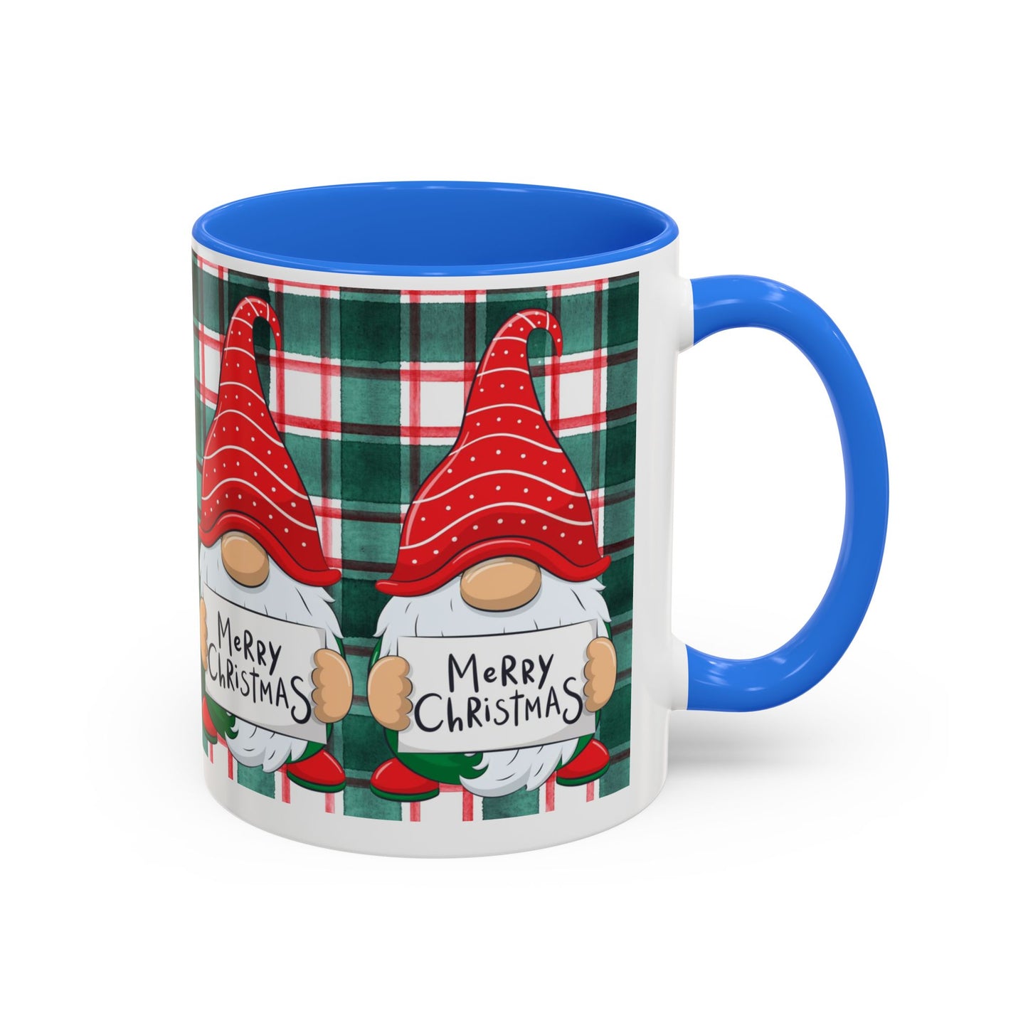 Festive Christmas gnome mug with holiday design, featuring gnomes and a plaid background.