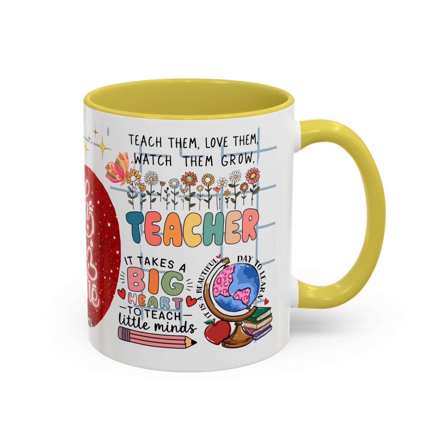 Colorful Teacher Appreciation Coffee Mug featuring inspiring quotes and illustrations, perfect gift for educators.