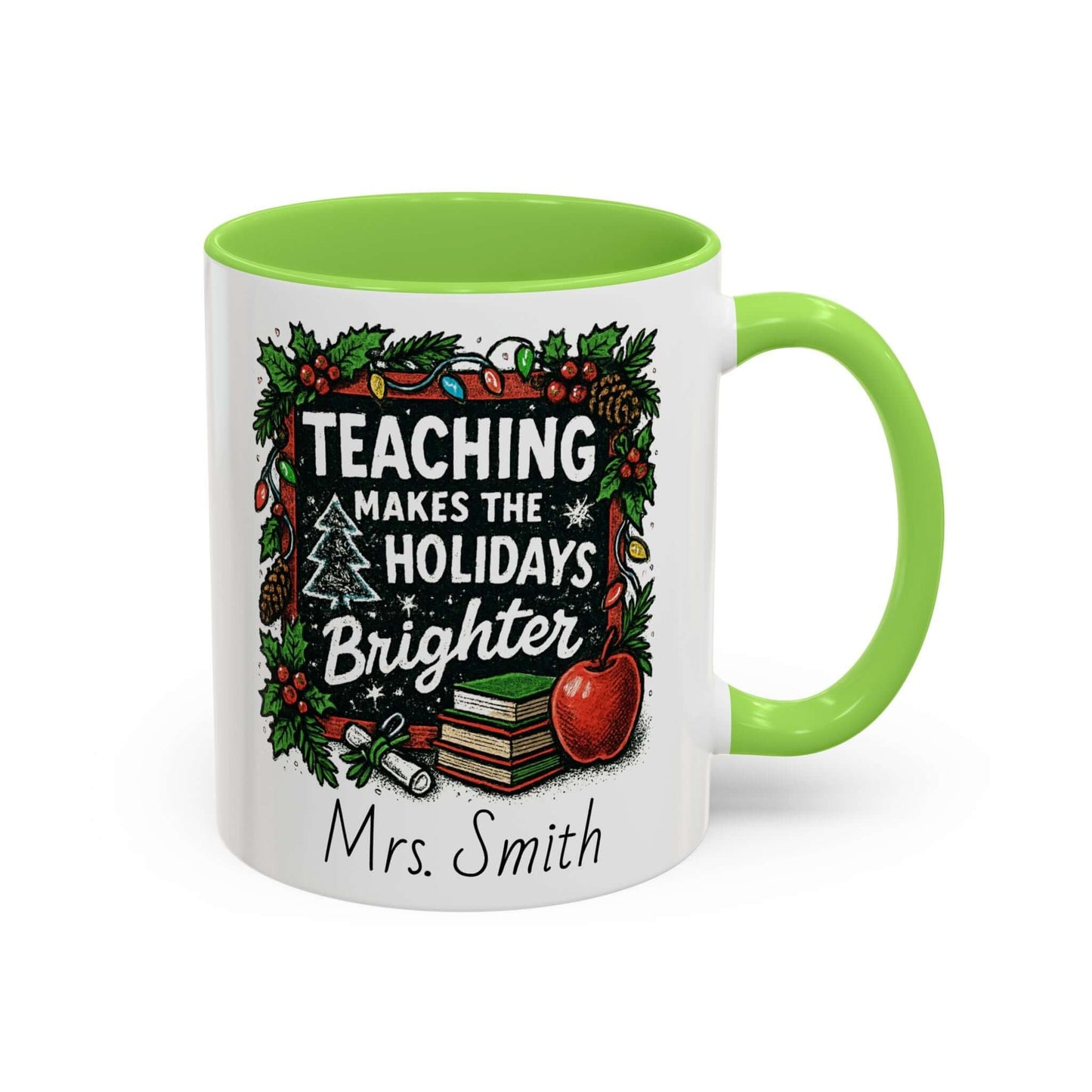 Personalized teacher holiday mug with festive design, marshmallows, and candy cane for a joyful gift.