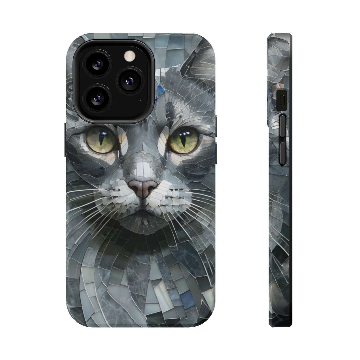 Stylish Cat Mosaic Magnetic iPhone Case, Black Cat Phone Case, Cute Cat Phone Case, Shockproof Case, Cat iPhone Case