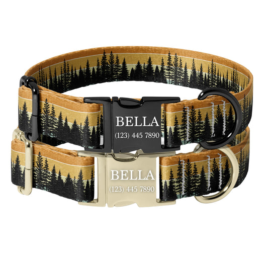 Sunset Forest Dog Collar Personalized Engraved Name Rustic Outdoor Adjustable Pet Collar RET-602-05