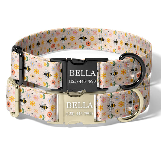 Personalized Bee Dog Collar Custom Engraved Rustic Bee Adjustable Quick Release Collar RET-611-03