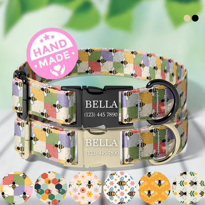 Personalized Bee Dog Collar Custom Engraved Patchwork Bee Adjustable Quick Release Collar RET-611-01
